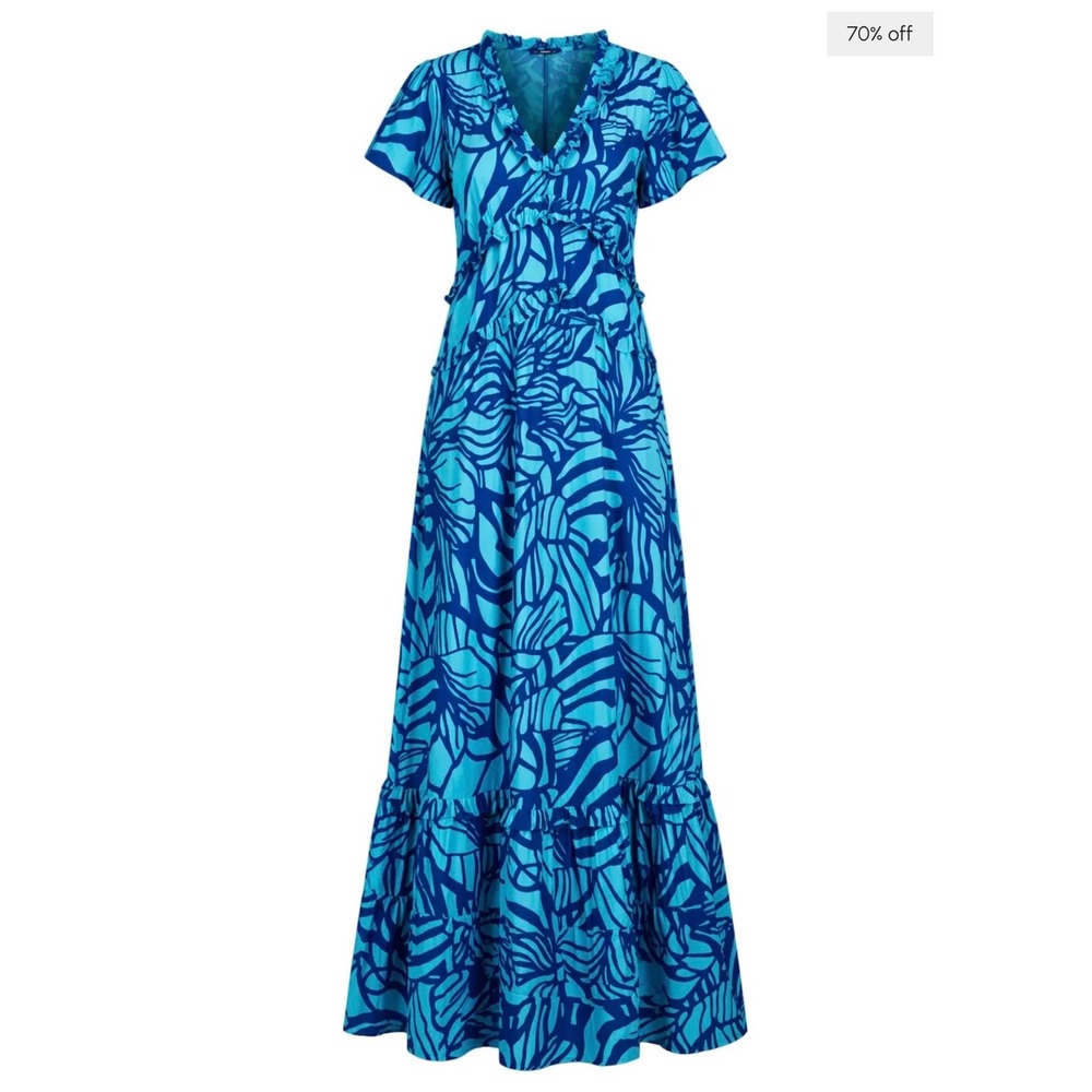 La Plage Mallory Maxi Dress w/ Ruffle Trim M Blue Abstract Floral Print NEW $329